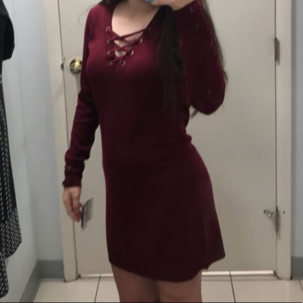 Lace up front Long sleeve red sweater dress XS